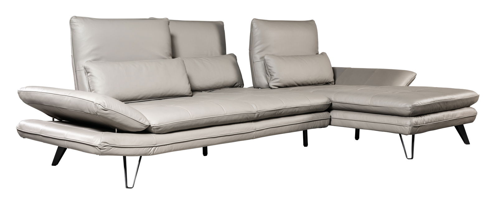 Graues Longchair-Sofa mit verstellbaren Rückenlehnen und Armlehnen, seitliche Perspektive