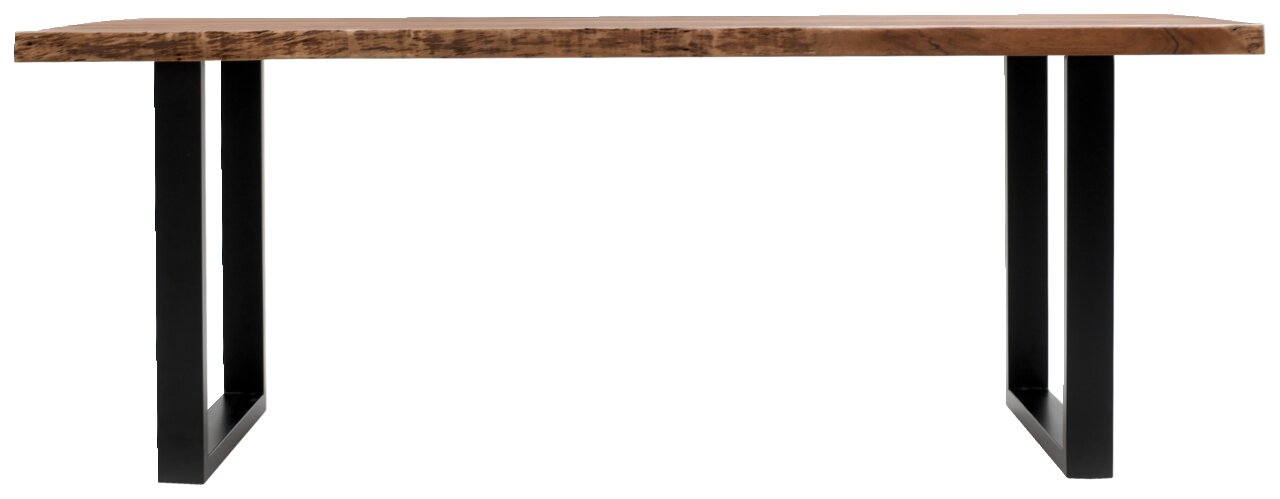 Moderner Esstisch mit Holzplatte und schwarzen Metallbeinen, Seitenansicht