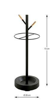 Schwarzer Metall-Garderobenständer mit zwei Holz-Haken und rundem Ring, runder Standfuß (Ø 26 cm), Höhe 73 cm, frontal in leichter Seitenansicht auf weißem Hintergrund.
