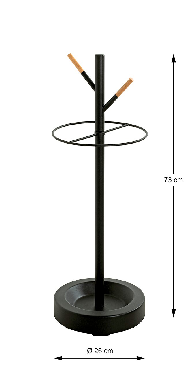 Schwarzer Metall-Garderobenständer mit zwei Holz-Haken und rundem Ring, runder Standfuß (Ø 26 cm), Höhe 73 cm, frontal in leichter Seitenansicht auf weißem Hintergrund.