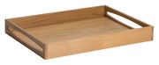 Holztablett aus Eiche mit erhöhtem Rand und seitlichen Griffen, Perspektive von schräg oben.