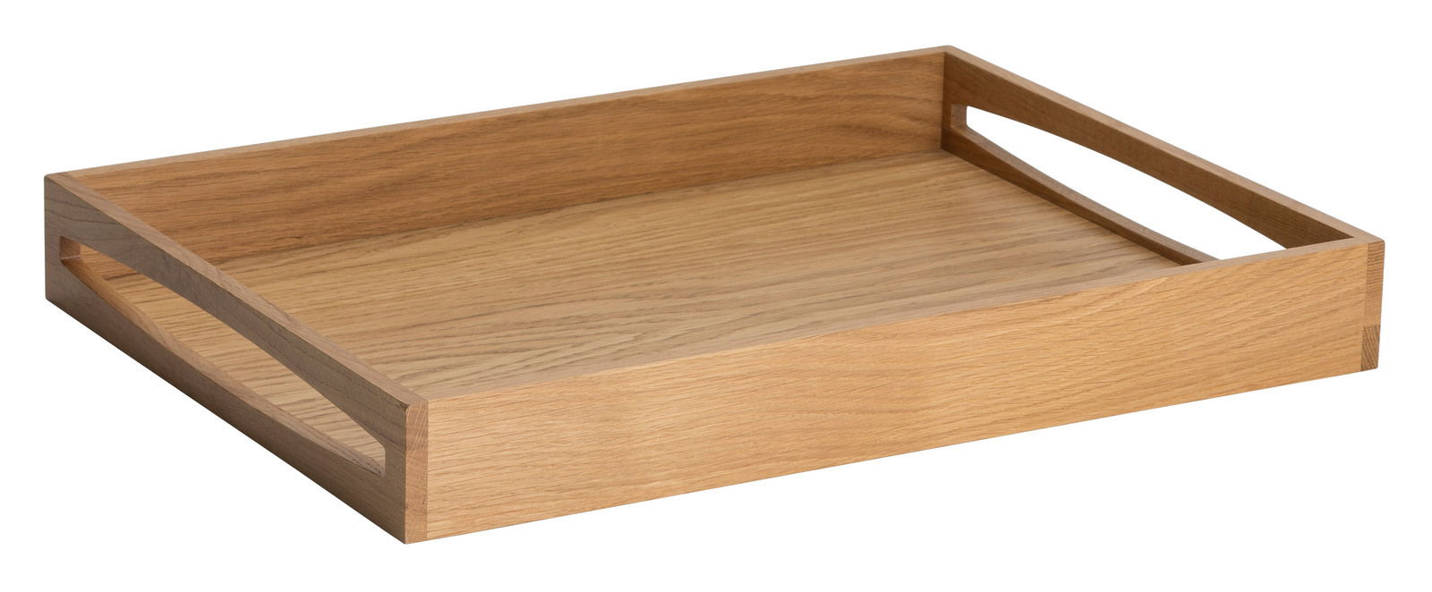 Holztablett aus Eiche mit erhöhtem Rand und seitlichen Griffen, Perspektive von schräg oben.