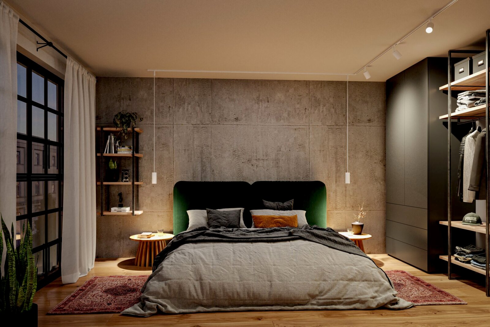 Modernes Schlafzimmer mit grün gepolstertem Bett, grauer Bettwäsche, Betonwand, Pendelleuchten, Nachttischen, Regal und offenem Kleiderschrank; frontale Perspektive auf das Bett.