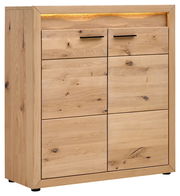 Schuhschrank aus Holz mit zwei Schubladen und vier Türen, seitliche Perspektive