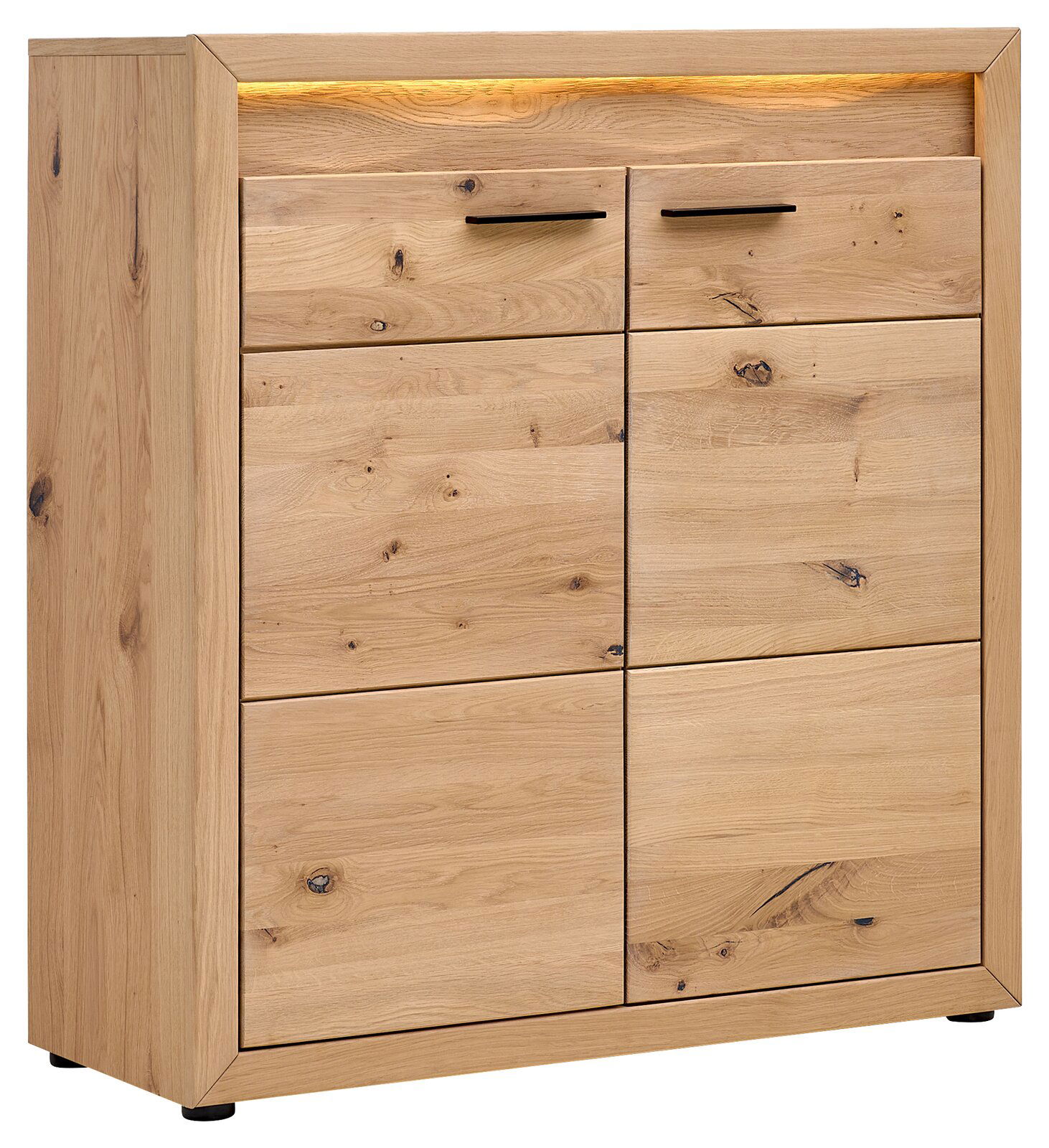 Schuhschrank aus Holz mit zwei Schubladen und vier Türen, seitliche Perspektive