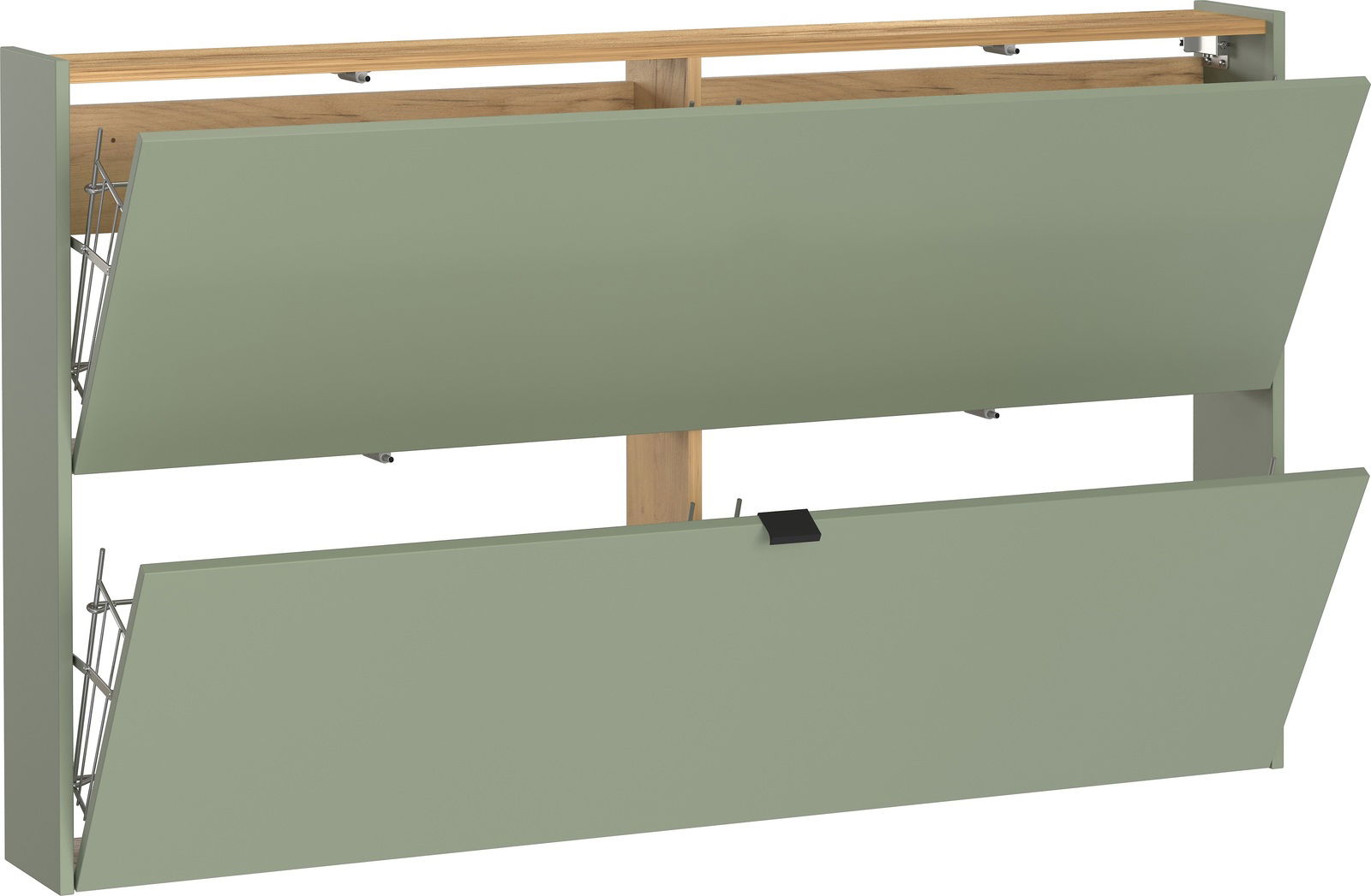 Schuhschrank in hellem Grün mit zwei aufklappbaren Fächern, seitliche Perspektive