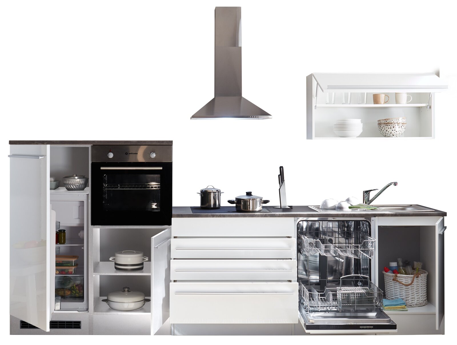 Moderne Küchenzeile mit Herd, Kühlschrank, Geschirrspüler und Dunstabzugshaube, frontal betrachtet.