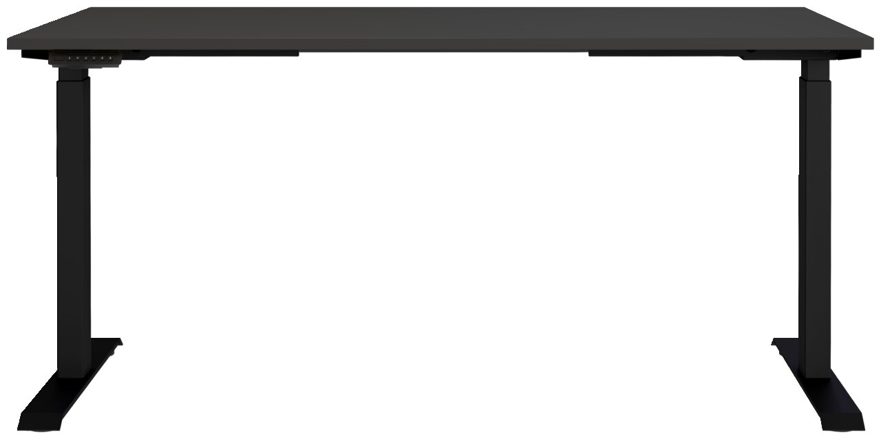 Elektrisch höhenverstellbarer Schreibtisch in Schwarz, frontal betrachtet