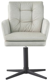 Frontansicht eines modernen Armlehnstuhls mit hellgrauem Stoffbezug und schwarzem Drehfuß.