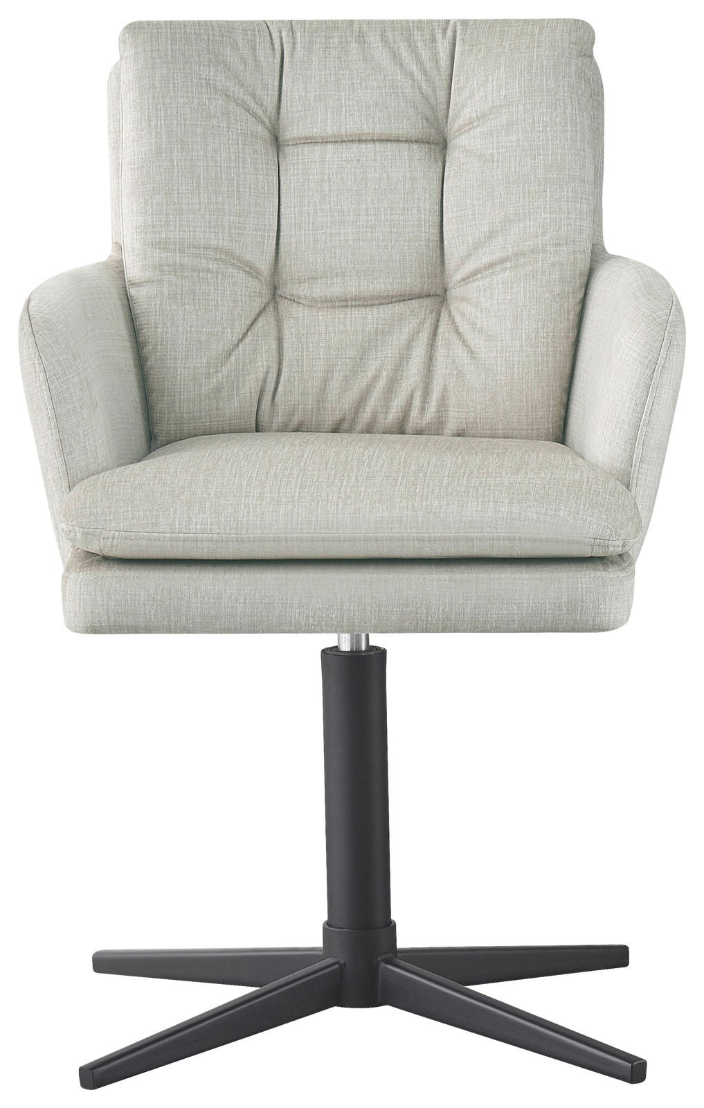 Frontansicht eines modernen Armlehnstuhls mit hellgrauem Stoffbezug und schwarzem Drehfuß.