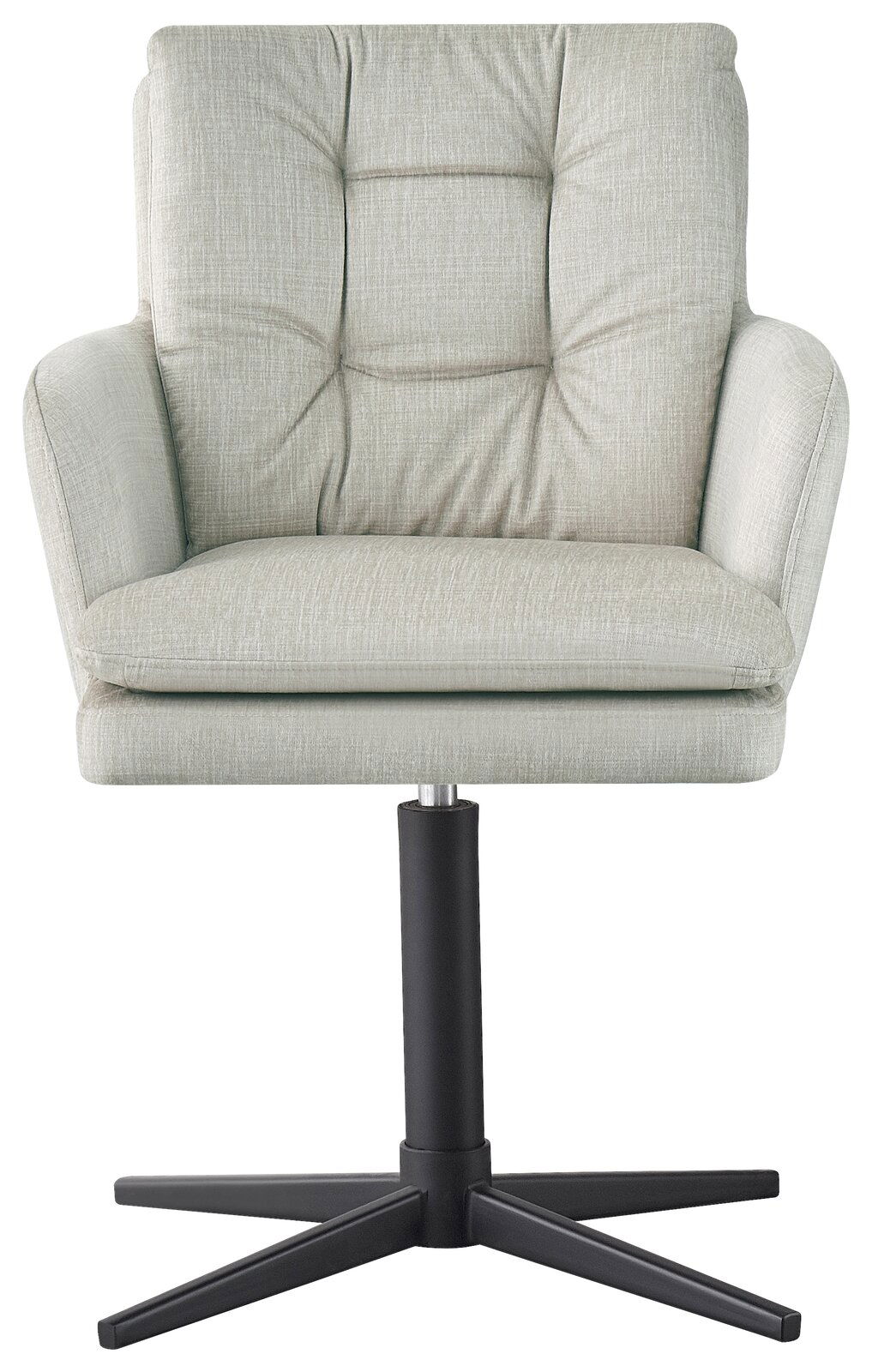 Frontansicht eines modernen Armlehnstuhls mit hellgrauem Stoffbezug und schwarzem Drehfuß.