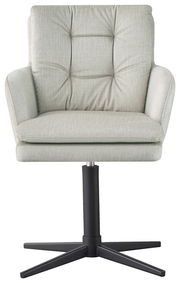 Frontansicht eines modernen Armlehnstuhls mit hellgrauem Stoffbezug und schwarzem Drehfuß.