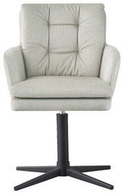 Vooraanzicht van een moderne fauteuil met een lichtgrijze stoffen bekleding en een zwart draaivoet.