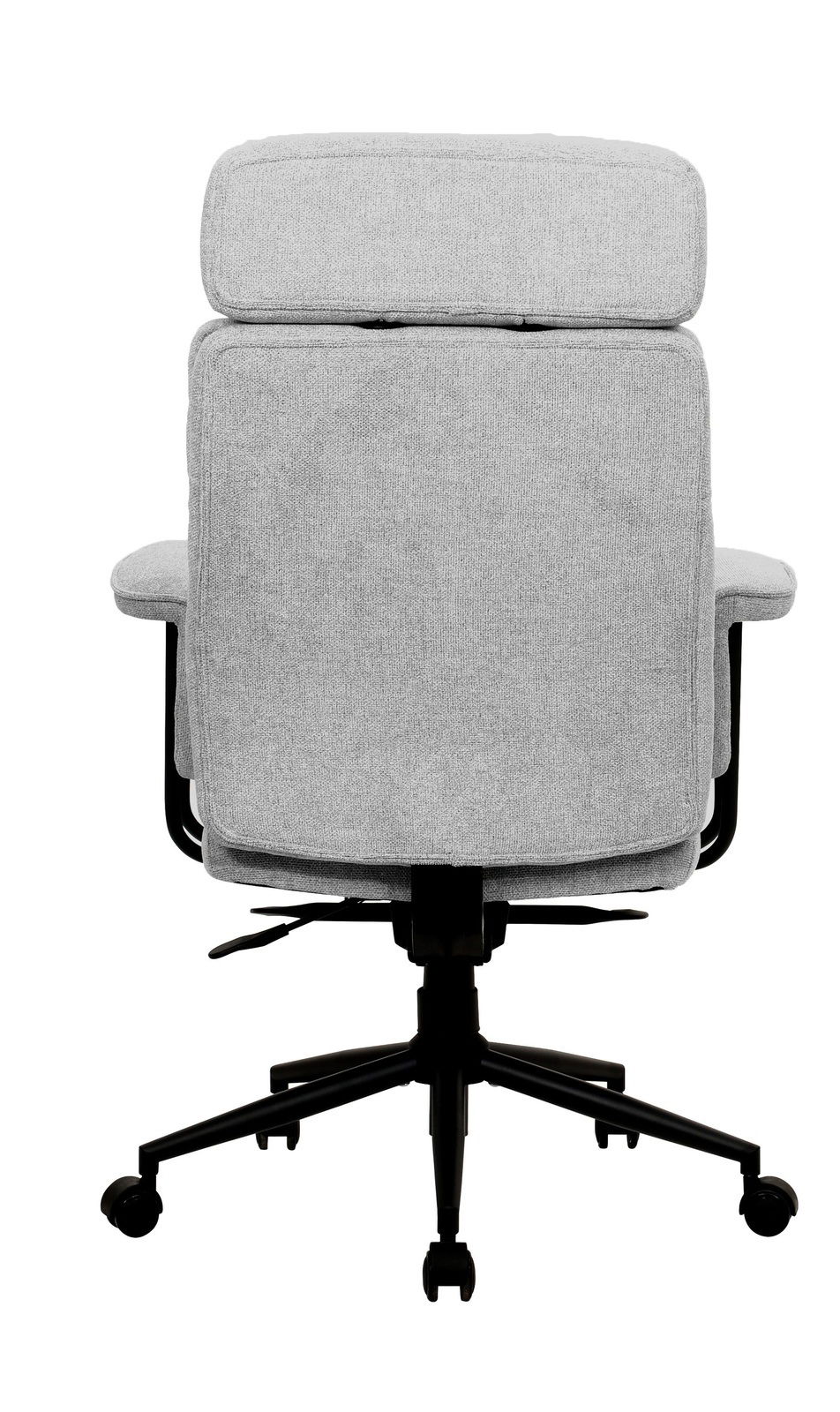 Rückansicht eines grauen Chefsessels mit gepolsterter Rückenlehne und Kopfstütze, auf einem schwarzen Drehkreuz mit Rollen.