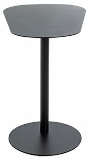 Moderner schwarzer Beistelltisch mit runder Tischplatte und stabilem Standfuß, seitliche Perspektive