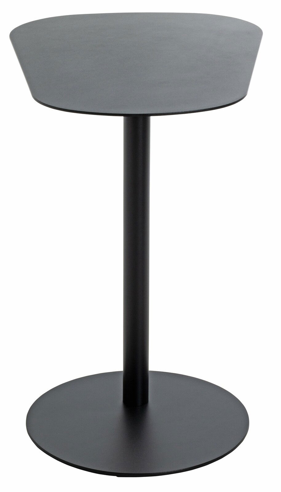 Moderner schwarzer Beistelltisch mit runder Tischplatte und stabilem Standfuß, seitliche Perspektive