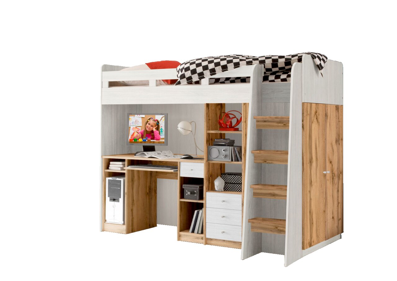 Hochbett mit integriertem Schreibtisch und Stauraum, seitliche Leiter, Perspektive von vorne