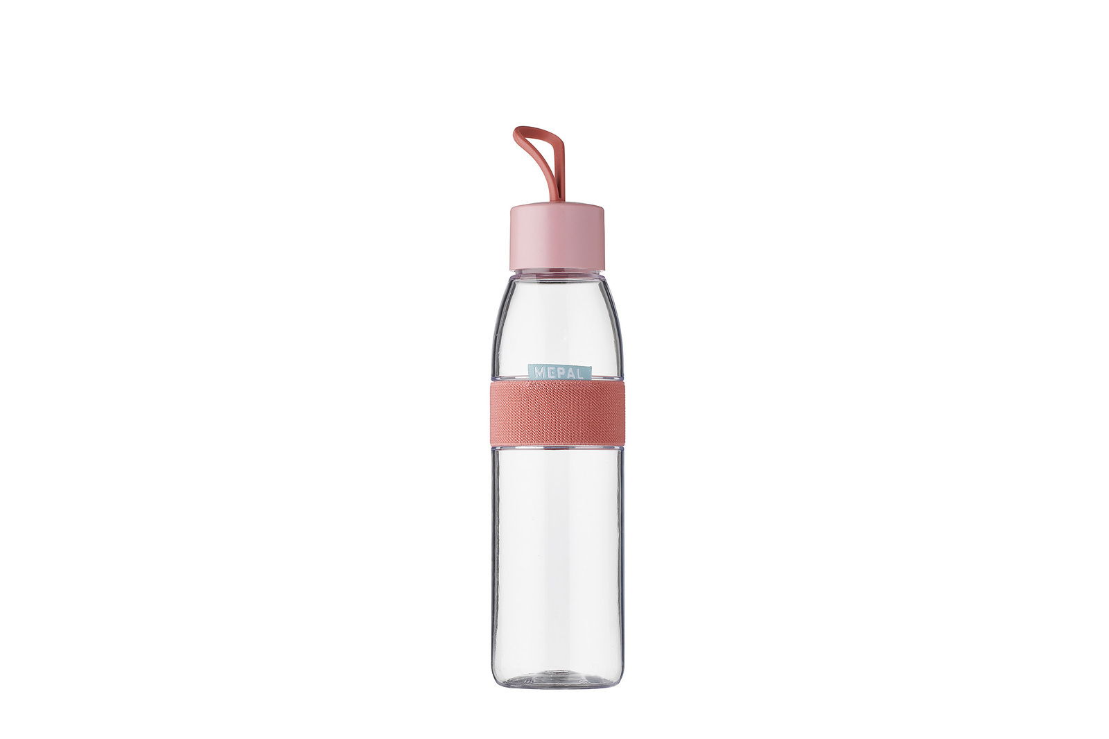 Transparente Trinkflasche mit rosa Deckel und Trageschlaufe, frontal fotografiert