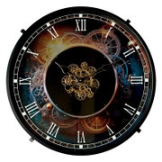 Ronde wandklokken – vooraanzicht: zwarte klok met Romeinse cijfers, steampunk-tandwielmotief en een zichtbaar goudkleurig uurwerk in het midden