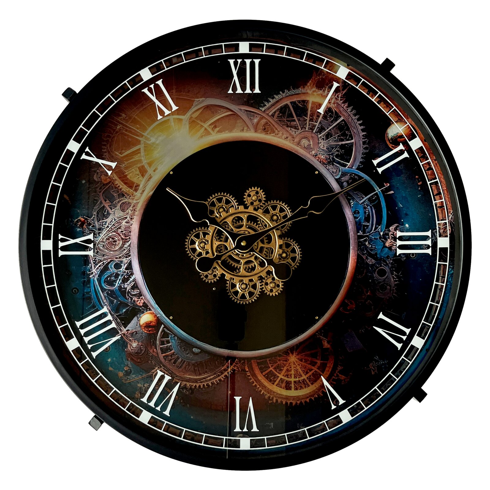 Ronde wandklokken – vooraanzicht: zwarte klok met Romeinse cijfers, steampunk-tandwielmotief en een zichtbaar goudkleurig uurwerk in het midden