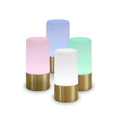 Vier zylindrische LED-Tischlampen mit mattem Diffusor in Pastellfarben (Rosa, Blau, Grün, Weiß) und goldfarbenem Sockel, frontal in leichter Aufsicht vor schwarzem Hintergrund.