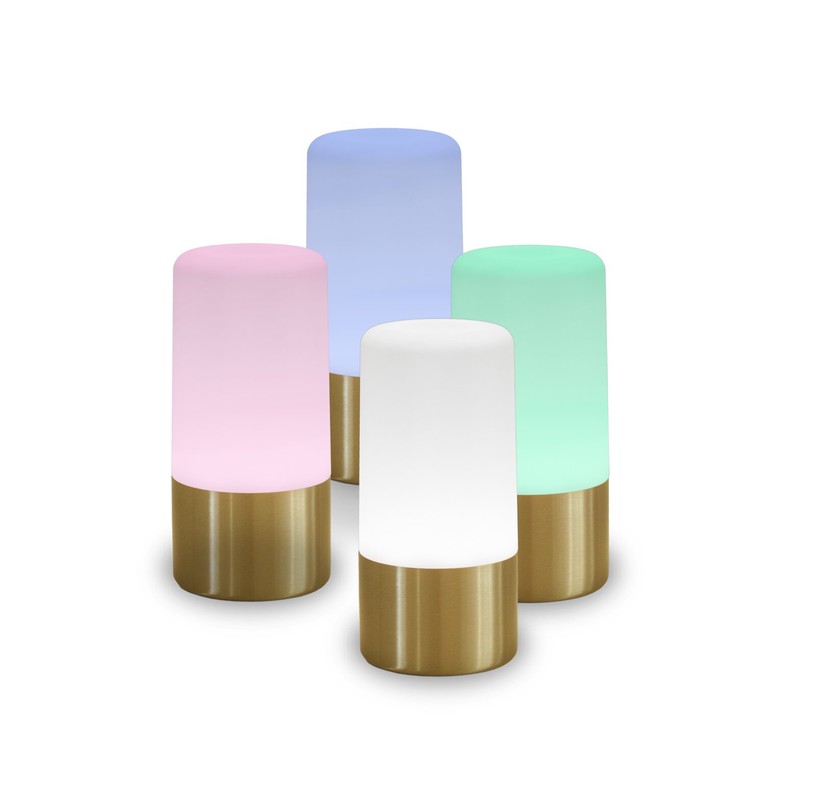 Vier zylindrische LED-Tischlampen mit mattem Diffusor in Pastellfarben (Rosa, Blau, Grün, Weiß) und goldfarbenem Sockel, frontal in leichter Aufsicht vor schwarzem Hintergrund.