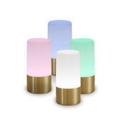 Vier zylindrische LED-Tischlampen mit mattem Diffusor in Pastellfarben (Rosa, Blau, Grün, Weiß) und goldfarbenem Sockel, frontal in leichter Aufsicht vor schwarzem Hintergrund.