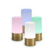 Vier zylindrische LED-Tischlampen mit mattem Diffusor in Pastellfarben (Rosa, Blau, Grün, Weiß) und goldfarbenem Sockel, frontal in leichter Aufsicht vor schwarzem Hintergrund.