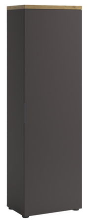 Garderobenschrank in dunklem Grau mit Holzoberseite, seitliche Perspektive