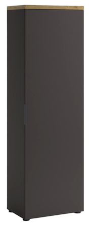 Garderobenschrank in dunklem Grau mit Holzoberseite, seitliche Perspektive