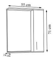 Skizze eines rechteckigen Spiegelschranks/Wandschranks mit Maßen 55 cm Breite, 71 cm Höhe und 14 cm Tiefe, dargestellt in leicht schräger Frontansicht (Perspektive).