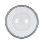 Runde LED-Deckenleuchte aus der Vogelperspektive mit silbernem Rand und weißem Diffusor.