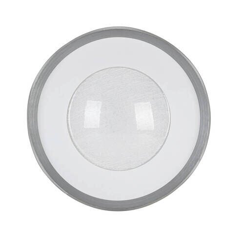 Ronde led-plafondlamp gezien vanuit vogelperspectief, met een zilveren rand en een witte lichtverspreider.