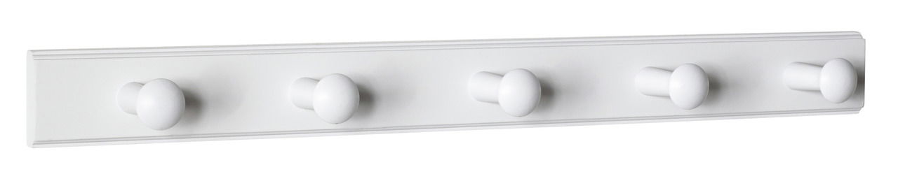 Weiße Garderobenleiste mit fünf runden Haken, seitliche Perspektive