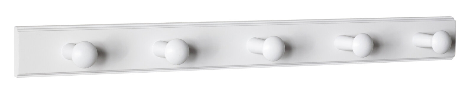 Weiße Garderobenleiste mit fünf runden Haken, seitliche Perspektive