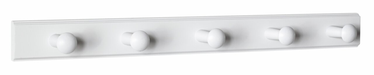 Weiße Garderobenleiste mit fünf runden Haken, seitliche Perspektive