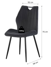 Dunkelgrauer Polsterstuhl mit vertikaler Steppung, schwarzem Metallgestell und Grifföffnung in der Rückenlehne, schräg von vorne links gezeigt; Maße ca. 52 cm Breite, 58 cm Tiefe, 75 cm Höhe, belastbar bis 120 kg.