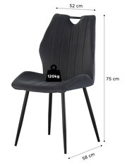 Dunkelgrauer Polsterstuhl mit vertikaler Steppung, schwarzem Metallgestell und Grifföffnung in der Rückenlehne, schräg von vorne links gezeigt; Maße ca. 52 cm Breite, 58 cm Tiefe, 75 cm Höhe, belastbar bis 120 kg.