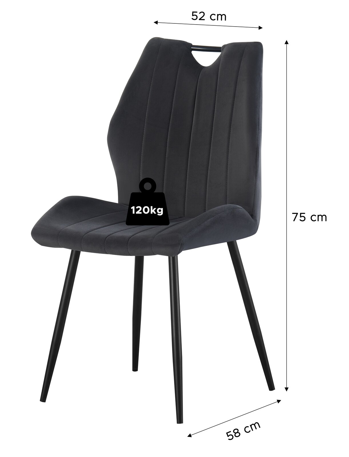 Dunkelgrauer Polsterstuhl mit vertikaler Steppung, schwarzem Metallgestell und Grifföffnung in der Rückenlehne, schräg von vorne links gezeigt; Maße ca. 52 cm Breite, 58 cm Tiefe, 75 cm Höhe, belastbar bis 120 kg.