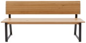 Holzbank mit Metallbeinen, Frontalansicht