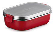 Rote Lunchbox mit Edelstahl-Deckel, seitliche Perspektive