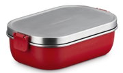 Rode lunchbox met roestvrijstalen deksel, zijaanzicht
