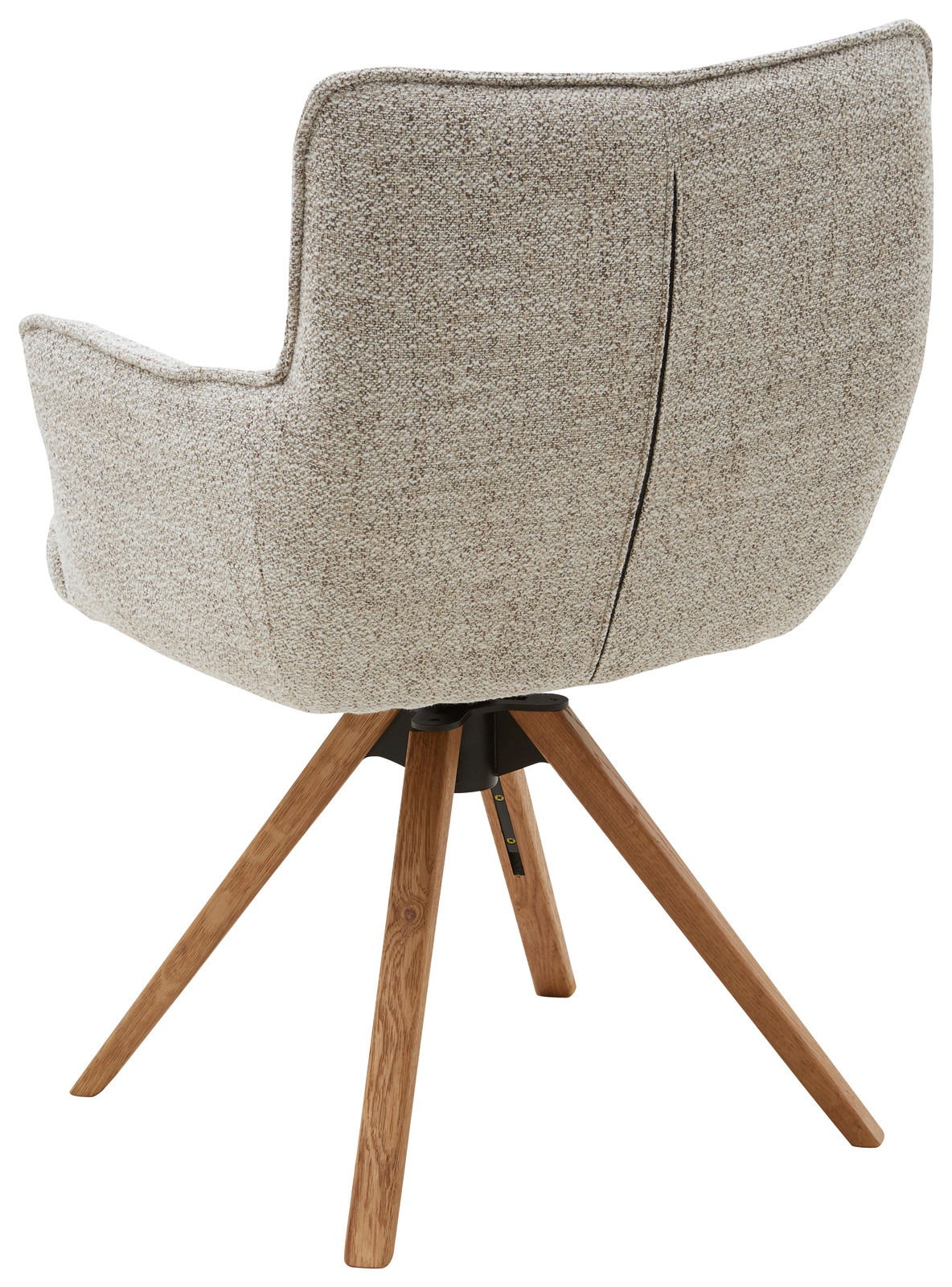 Rückansicht eines Armlehnstuhls mit hellgrauem Stoffbezug und Holzbeinen