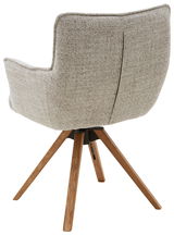 Rückansicht eines Armlehnstuhls mit hellgrauem Stoffbezug und Holzbeinen