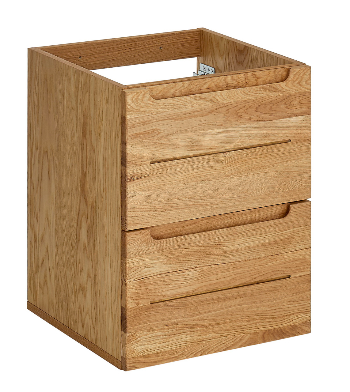 Waschtischunterschrank aus Holz mit zwei Schubladen, seitliche Perspektive