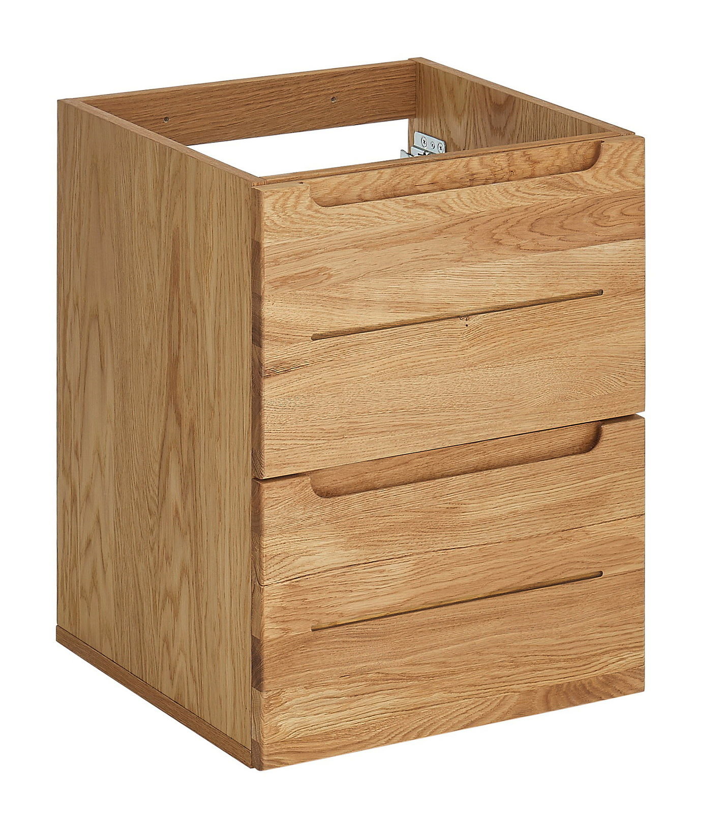 Waschtischunterschrank aus Holz mit zwei Schubladen, seitliche Perspektive