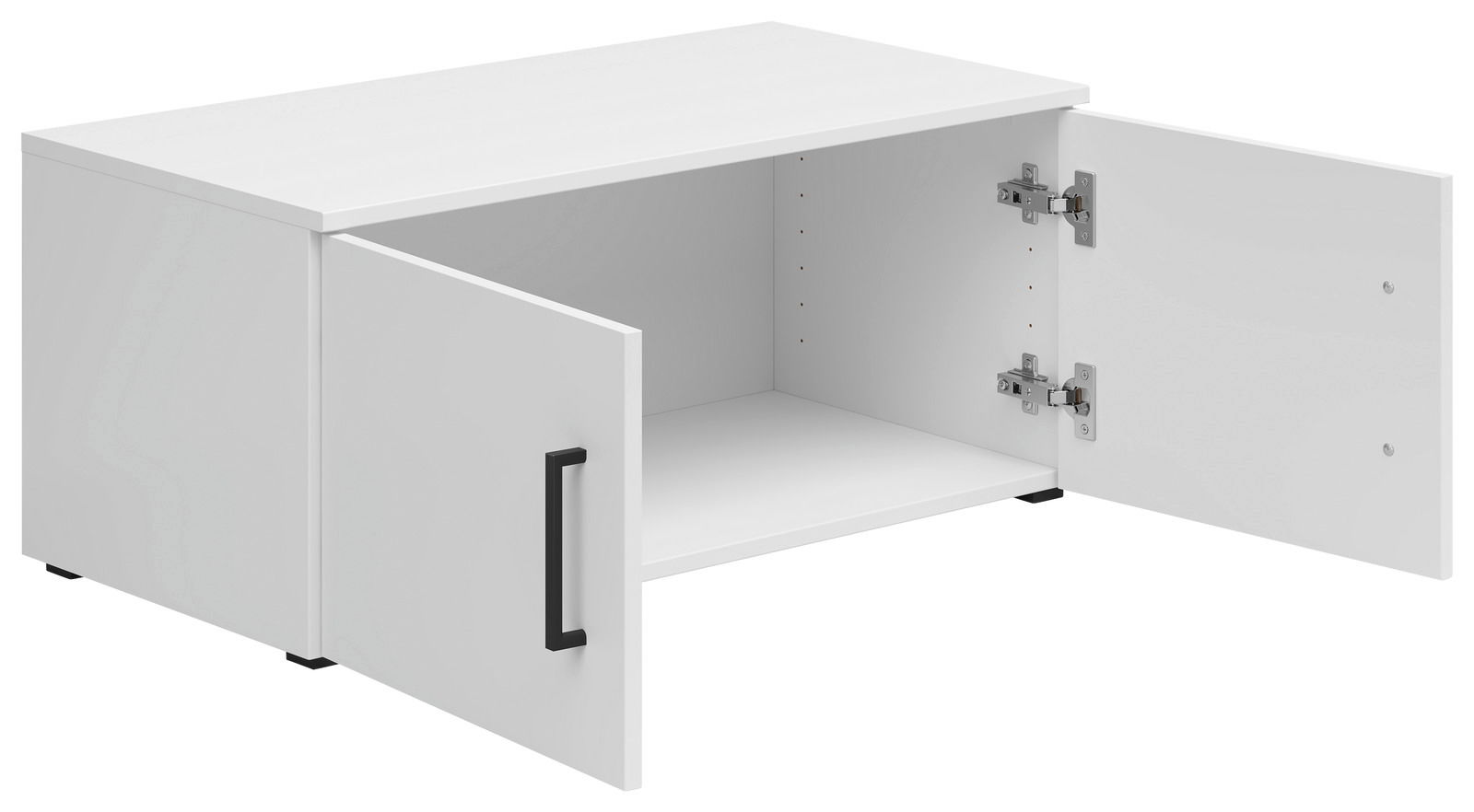 Weißer Aufsatzschrank mit zwei geöffneten Türen, seitliche Perspektive