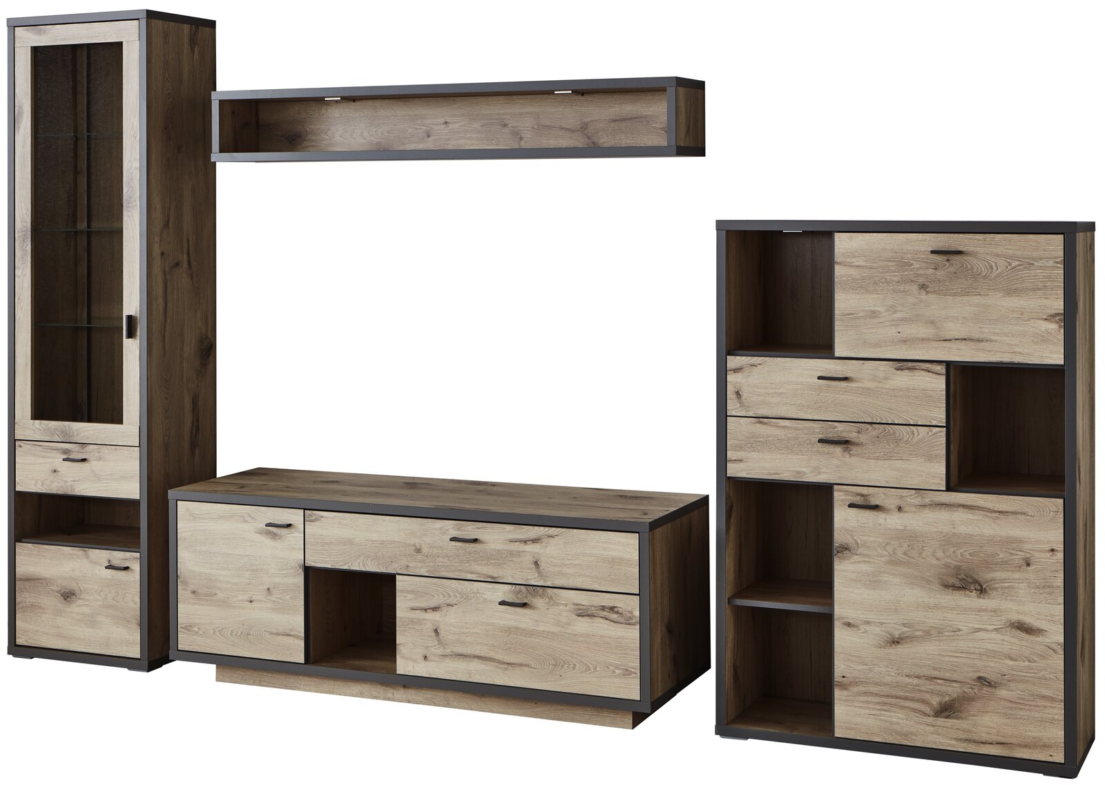 Wandkombination ORLANDO in Holzoptik mit schwarzem Rahmen, bestehend aus einem hohen Schrank mit Glastür, einem TV-Board und einem Regal, frontal abgebildet.