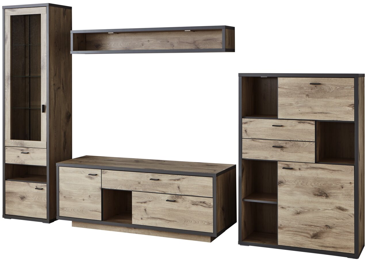 Wandkombination ORLANDO in Holzoptik mit schwarzem Rahmen, bestehend aus einem hohen Schrank mit Glastür, einem TV-Board und einem Regal, frontal abgebildet.