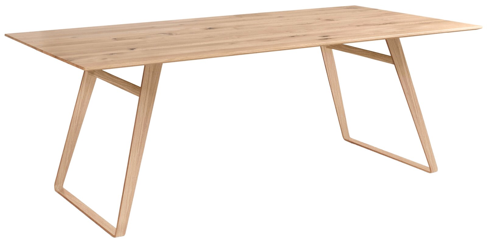 Moderne houten eettafel met schuine poten, zijaanzicht